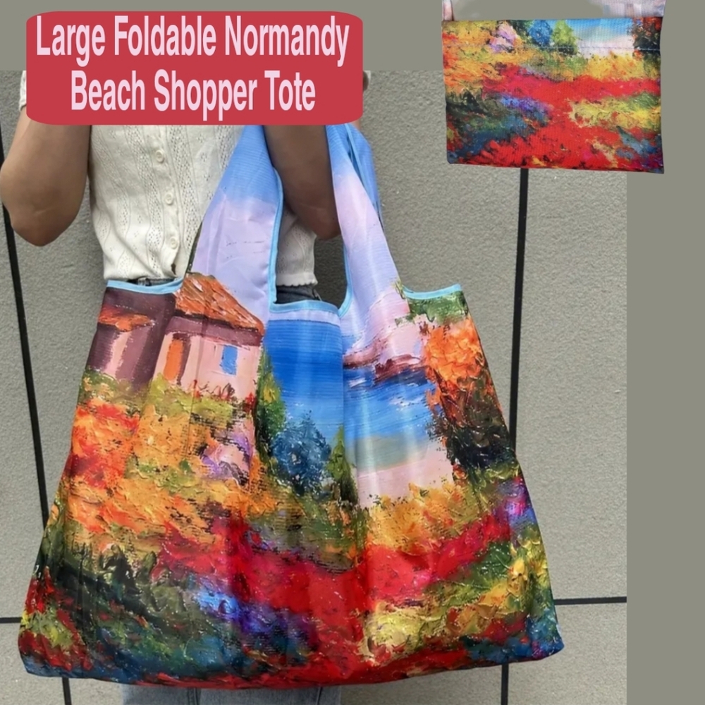 NWT Large Normandy Beach Art Shopper Folding Large bag w pouch